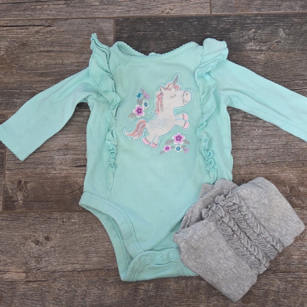 Garanimals Aqua Unicorn Bodysuit with Ruffles And Gray Pants
